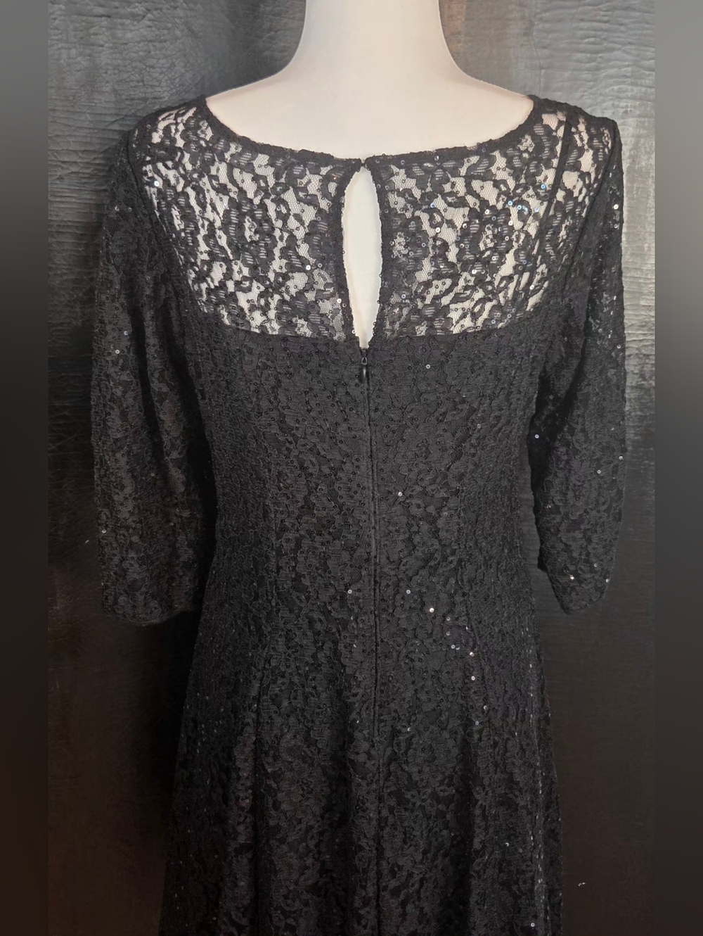 SLNY/S.L. Fashions Black Sequined Lace Fit & Flare Cocktail Dress - Size 10P - Picture 9 of 11